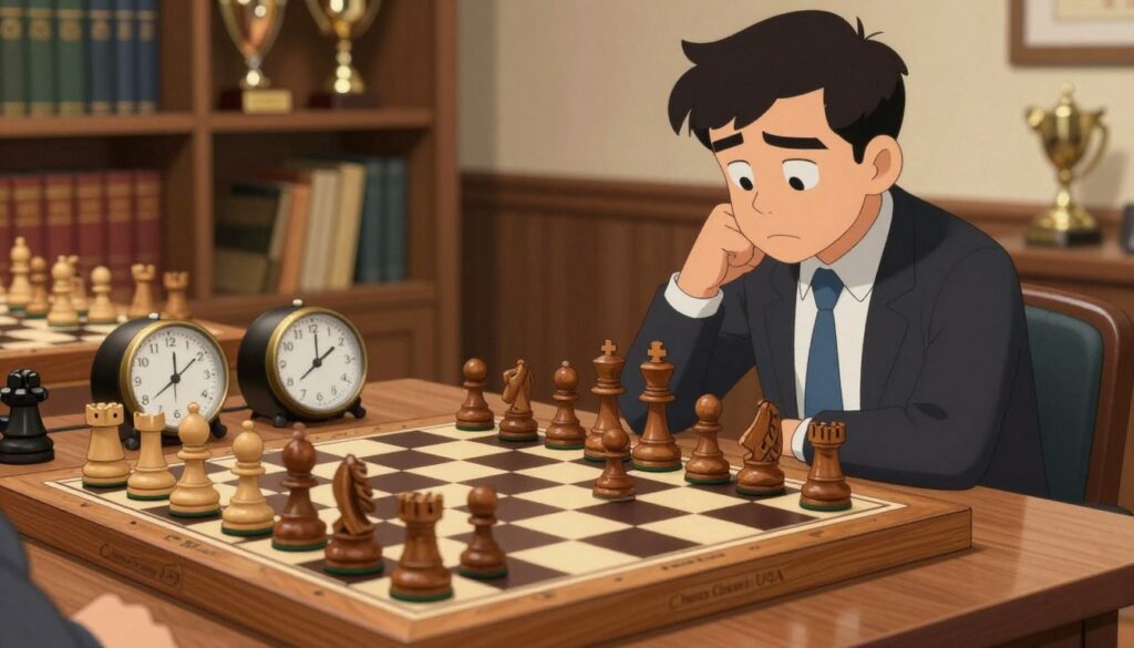 A beautifully arranged chess board in the foreground, featuring a game in progress with intricately carved wooden pieces, some captured while others are poised for action. A focused player, dressed in professional attire, sits with a thoughtful expression, studying the board's configuration, embodying the psychological tension of strategizing for a higher rating. In the middle ground, a subtle blend of soft-focus chess clocks highlights the passage of time during competitive play. The background displays a cozy room filled with shelves of chess books and trophies, illuminated by warm, inviting lighting that creates a contemplative atmosphere. Capture this scene from a slightly elevated angle, emphasizing the intensity of concentration and the emotional journey players experience while pursuing their USCF ratings. The image will be branded with "Chess Classes USA" subtly integrated into the tabletop design. A beautifully arranged chess board in the foreground, featuring a game in progress with intricately carved wooden pieces, some captured while others are poised for action. A focused player, dressed in professional attire, sits with a thoughtful expression, studying the board's configuration, embodying the psychological tension of strategizing for a higher rating. In the middle ground, a subtle blend of soft-focus chess clocks highlights the passage of time during competitive play. The background displays a cozy room filled with shelves of chess books and trophies, illuminated by warm, inviting lighting that creates a contemplative atmosphere. Capture this scene from a slightly elevated angle, emphasizing the intensity of concentration and the emotional journey players experience while pursuing their USCF ratings. The image will be branded with "Chess Classes USA" subtly integrated into the tabletop design.