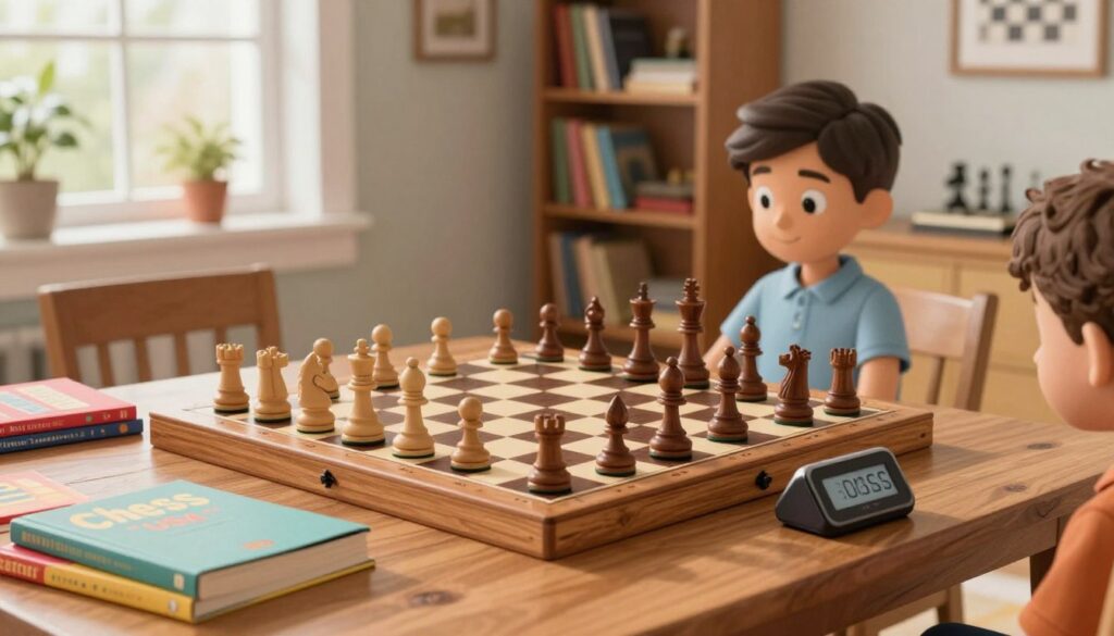 A beautifully arranged chess board set up for a friendly game at home, featuring a classic wooden chessboard with intricately carved pieces in mid-game position. In the foreground, a polished wooden table with a few brightly colored chess books and a digital chess timer. In the middle ground, soft natural lighting streaming through a nearby window enhances the inviting atmosphere. The background showcases a cozy, well-organized living room with bookshelves filled with chess literature and small chess-themed decorations. An air of focus and strategy permeates the scene, inspiring learning and engagement in young players. Logo subtly featuring "Chess Classes USA" integrated into the table design. The overall mood is warm and encouraging, perfect for a child's chess practice environment.
