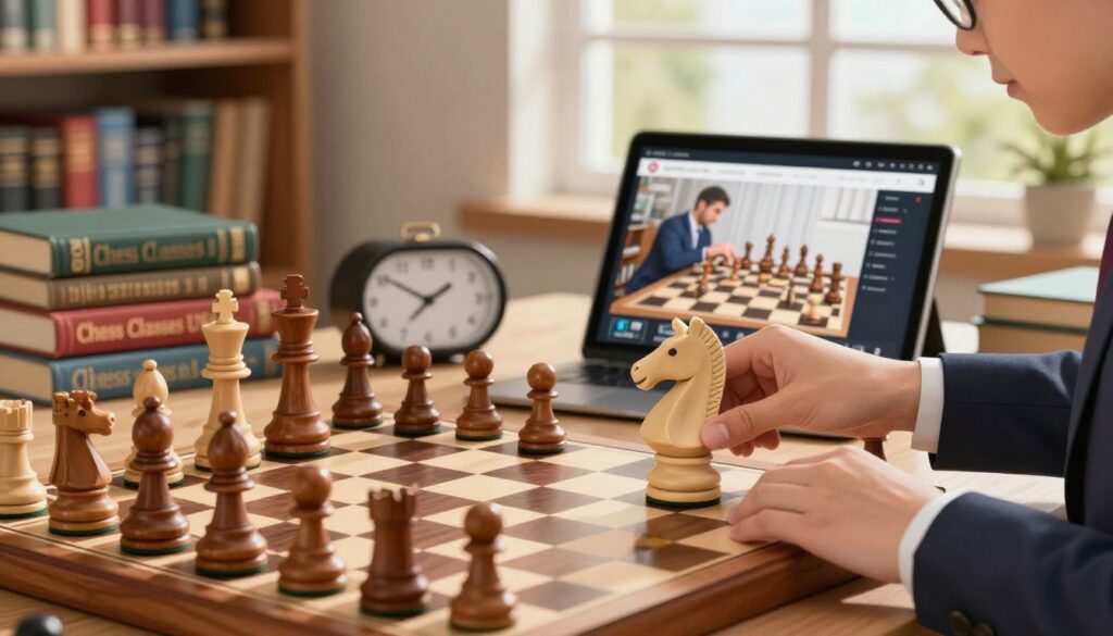 A beautifully arranged chess set as the foreground, featuring gleaming wooden pieces in mid-game, with a focus on a white knight being moved by a hand in a professional business attire, symbolizing strategic thought and improvement. In the middle ground, a well-organized study area displays chess books, a chess clock, and a digital tablet showing instructional videos on chess techniques, embodying a resourceful environment for learners. The background hints at a library setting with shelves filled with books on chess strategies, bathed in warm, natural light filtering through a large window, creating an inviting atmosphere. The mood conveys a sense of focus, growth, and dedication to improvement in the game of chess, with the brand "Chess Classes USA" subtly integrated into the decor, enhancing the thematic representation of learning and resources.