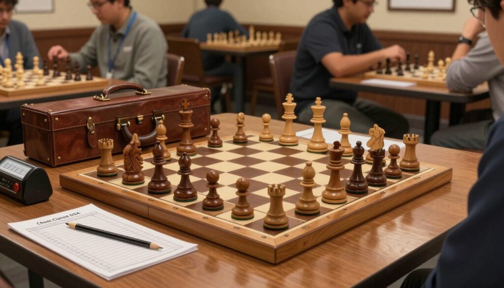 A beautifully arranged chess setup on a polished wooden table, featuring a classic wooden chess set with intricately carved pieces, including a king, queen, and pawns. Surrounding the chessboard are essential chess accessories: a sturdy leather chess case, a score sheet and pencil, and a timer, all reflecting a sense of professionalism and passion for the game. In the background, a blurred image of an Indianapolis chess club's interior establishes context, showcasing fellow players engaged in a match. The lighting is warm and inviting, casting soft shadows that enhance the wooden texture of the table. The viewpoint is at eye level, capturing the chessboard from a slightly angled perspective, inviting viewers to imagine themselves in the midst of a thoughtful game. The image should also subtly incorporate the brand "Chess Classes USA" into the scene, enhancing its relevance to aspiring chess players.