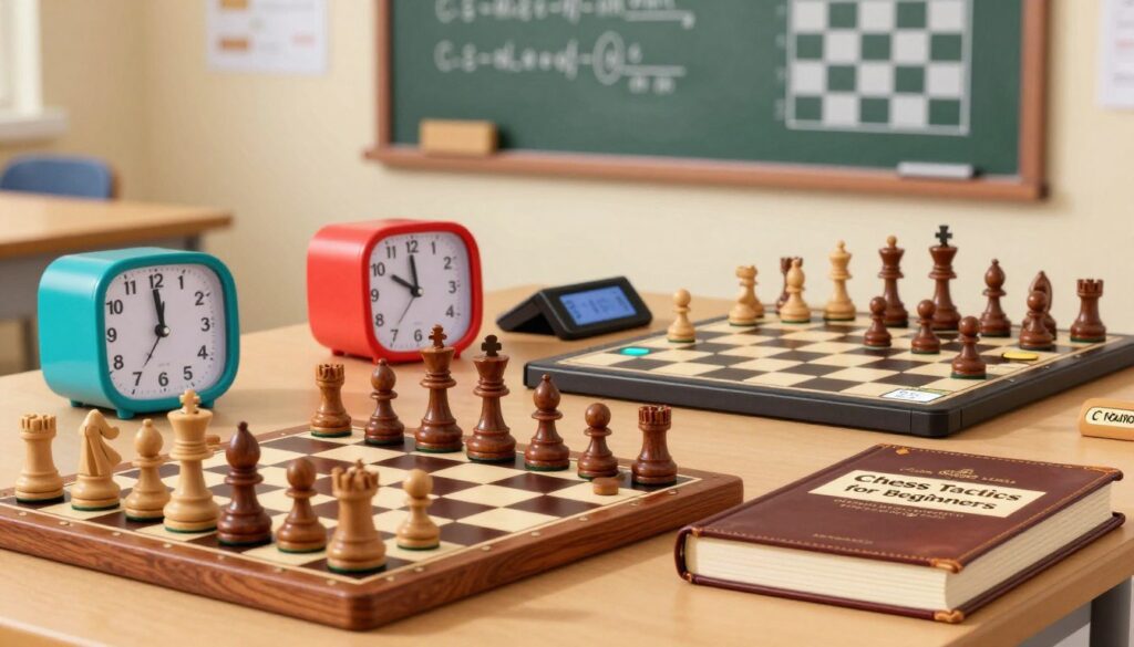 A beautifully arranged display of chess equipment illustrating various price points, foreground featuring a polished wooden chess set with intricate pieces, strategically placed beside a leather-bound chess strategy book titled “Chess Tactics for Beginners.” In the middle ground, capture brightly colored chess clocks and a neatly organized set of digital chess boards with price tags highlighting their cost. The background includes a subtle representation of a classroom setting, featuring a chalkboard with chess notations and diagrams. Use soft, warm lighting to create an inviting atmosphere, with a shallow depth of field focusing on the equipment. Highlight the brand name “Chess Classes USA” subtly integrated into the scene, ensuring no text overlays or distractions. The mood should feel educational and resourceful, appealing to both youth and parents interested in chess. A beautifully arranged display of chess equipment illustrating various price points, foreground featuring a polished wooden chess set with intricate pieces, strategically placed beside a leather-bound chess strategy book titled “Chess Tactics for Beginners.” In the middle ground, capture brightly colored chess clocks and a neatly organized set of digital chess boards with price tags highlighting their cost. The background includes a subtle representation of a classroom setting, featuring a chalkboard with chess notations and diagrams. Use soft, warm lighting to create an inviting atmosphere, with a shallow depth of field focusing on the equipment. Highlight the brand name “Chess Classes USA” subtly integrated into the scene, ensuring no text overlays or distractions. The mood should feel educational and resourceful, appealing to both youth and parents interested in chess.