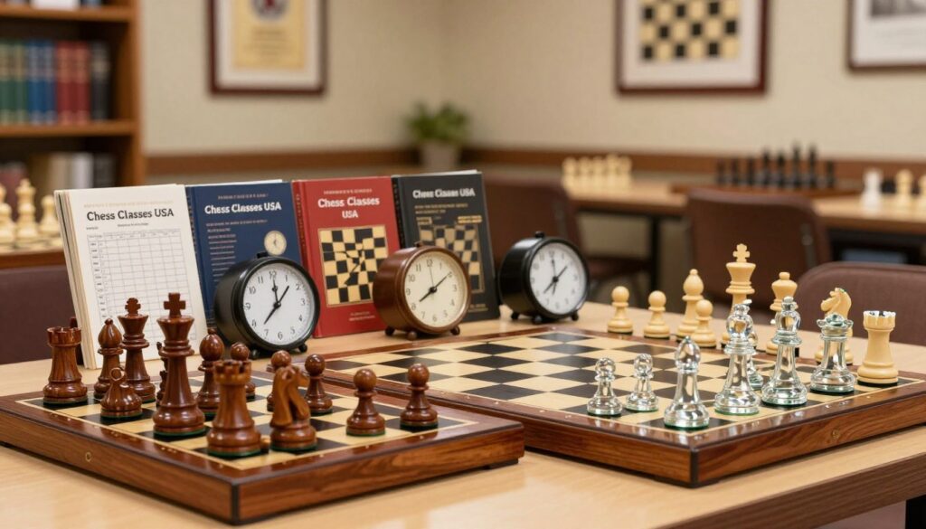 A beautifully arranged display of chess equipment showcasing various chess sets, including classic wooden pieces, glass chess sets, and thematic designs. The foreground features a polished chessboard in rich mahogany and ebony, with intricately carved pieces positioned mid-game. In the middle, a selection of chess clocks, score sheets, and instructional books are neatly organized, highlighting resources for players. The background is softly blurred, featuring a cozy, well-lit chess club setting with subtle elements like shelves filled with chess literature and framed awards on the walls. The lighting is warm and inviting, creating an atmosphere of strategy and community. The image prominently includes the brand name "Chess Classes USA" subtly integrated within the scene.