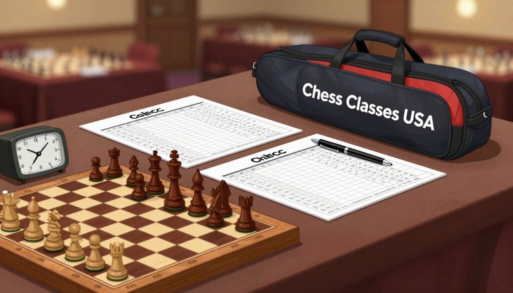 A beautifully arranged flat lay showcasing essential chess tournament gear for a rated event. In the foreground, a high-quality wooden chessboard with intricately carved pieces, positioned next to a professional chess clock. The middle layer includes a neatly organized set of tournament score sheets, a stylish chess bag with the brand name "Chess Classes USA" prominently displayed, and a sleek pen ready for notation. The background features a softly blurred chess tournament venue with warm, inviting lighting that creates a focused atmosphere. A subtle depth of field emphasizes the gear while the angle captures the organized setup from a slightly elevated perspective. The mood is one of anticipation and preparedness, evoking excitement for the upcoming chess competition.