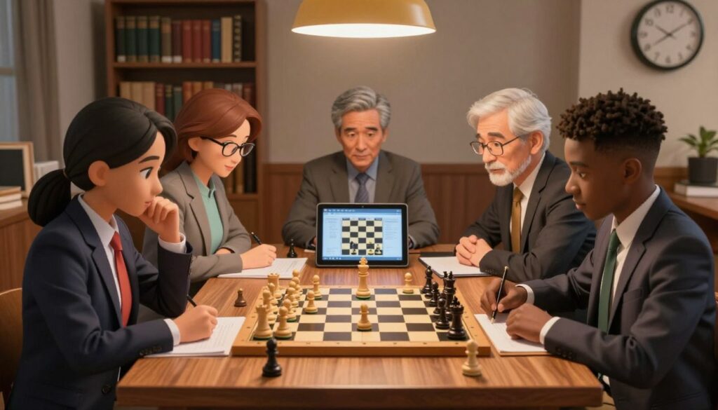 A beautifully composed scene depicting a chess analysis session. In the foreground, a diverse group of four individuals of varying ages, dressed in professional business attire, gathers around a wooden chess table, intensely focused on a complex chess position. The middle ground showcases a large chessboard with pieces in strategic positions, some taken notes and others studying a digital tablet displaying a chess analysis program. The background features a library nook filled with chess books and a wall clock emphasizing time management in chess. Soft, warm lighting from an overhead lamp creates an inviting atmosphere, while a subtle lens blur enhances the focus on the chessboard. The overall mood is one of determination and camaraderie, ideal for the learning environment of "Chess Classes USA."
