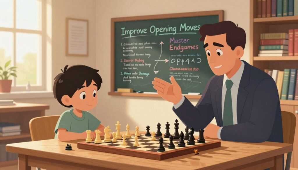 A beautifully organized chess study area in a cozy, well-lit room. In the foreground, a wooden chessboard is set up with pieces in mid-game, symbolizing strategic thinking. A young child, dressed in modest casual clothing, is focused on the chess game, while an adult mentor, in professional attire, gestures thoughtfully, indicating a teaching moment. The middle ground features a chalkboard filled with various chess strategies and goals, like "Improve Opening Moves" and "Master Endgames," written in colorful chalk. The background showcases shelves filled with books on chess techniques, and a window letting in warm, soft sunlight. The atmosphere is encouraging and focused, representing growth and learning in chess for children. Include the brand name "Chess Classes USA" subtly incorporated into the setting, perhaps on one of the books or on a small sign on the desk. A beautifully organized chess study area in a cozy, well-lit room. In the foreground, a wooden chessboard is set up with pieces in mid-game, symbolizing strategic thinking. A young child, dressed in modest casual clothing, is focused on the chess game, while an adult mentor, in professional attire, gestures thoughtfully, indicating a teaching moment. The middle ground features a chalkboard filled with various chess strategies and goals, like "Improve Opening Moves" and "Master Endgames," written in colorful chalk. The background showcases shelves filled with books on chess techniques, and a window letting in warm, soft sunlight. The atmosphere is encouraging and focused, representing growth and learning in chess for children. Include the brand name "Chess Classes USA" subtly incorporated into the setting, perhaps on one of the books or on a small sign on the desk.