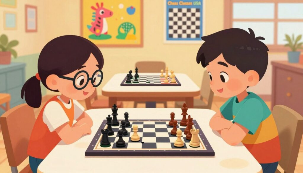 A bright and cheerful illustration of children playing chess in a cozy, well-lit room, emphasizing the fun and competitive atmosphere. In the foreground, two kids, a girl with glasses and a boy wearing a colorful t-shirt, are intently focused on the chessboard, smiling while making their moves. The middle ground features a table adorned with chess pieces and colorful checkered mats. In the background, a vibrant wall with playful chess-themed artwork and educational posters from "Chess Classes USA" sets the scene. Soft, warm lighting creates an inviting atmosphere, capturing the balance between competition and enjoyment. The angle is slightly above eye level, providing a playful perspective on the engaged players, evoking a sense of joy and learning. A bright and cheerful illustration of children playing chess in a cozy, well-lit room, emphasizing the fun and competitive atmosphere. In the foreground, two kids, a girl with glasses and a boy wearing a colorful t-shirt, are intently focused on the chessboard, smiling while making their moves. The middle ground features a table adorned with chess pieces and colorful checkered mats. In the background, a vibrant wall with playful chess-themed artwork and educational posters from "Chess Classes USA" sets the scene. Soft, warm lighting creates an inviting atmosphere, capturing the balance between competition and enjoyment. The angle is slightly above eye level, providing a playful perspective on the engaged players, evoking a sense of joy and learning.