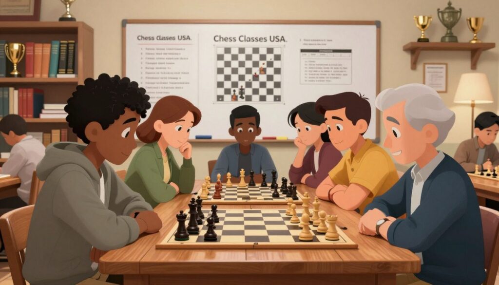 A bright and engaging chess study scene set inside a cozy, well-lit room. In the foreground, a diverse group of individuals of various ages is gathered around a wooden chess table, intensely analyzing a chess game. They are dressed in smart casual attire, displaying a sense of focus and determination. In the middle, a large wall-mounted whiteboard or bulletin board displays various chess resources, strategies, and books, subtly featuring the brand name "Chess Classes USA." In the background, shelves filled with chess books and trophies signify ongoing development and achievement. The lighting is warm and inviting, highlighting the concentration on the players' faces, creating an atmosphere of learning and collaboration. The camera angle is slightly elevated, allowing a clear view of the group and their chess pieces, evoking a sense of community in chess improvement.