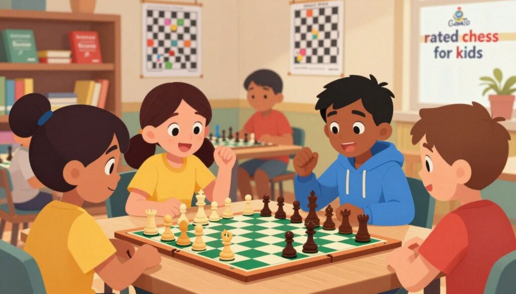 A bright and engaging scene illustrating "rated chess for kids" featuring a diverse group of children, ages 8 to 12, gathered around a colorful chessboard in a cozy setting. The foreground includes a wooden chessboard with vibrant, child-friendly chess pieces, and onlookers displaying excitement and concentration while playing. In the middle ground, cheerful kids in modest casual clothing, including a girl in a yellow t-shirt and a boy in a blue hoodie, are discussing strategies, their expressions lively and focused. The background shows bookshelves filled with chess books and posters about chess tactics, creating an educational atmosphere. Soft, warm lighting fills the room, giving a welcoming feel. A logo for "Chess Classes USA" is subtly placed on a poster. The overall mood is friendly, inspiring curiosity, and fostering a love for chess among children.