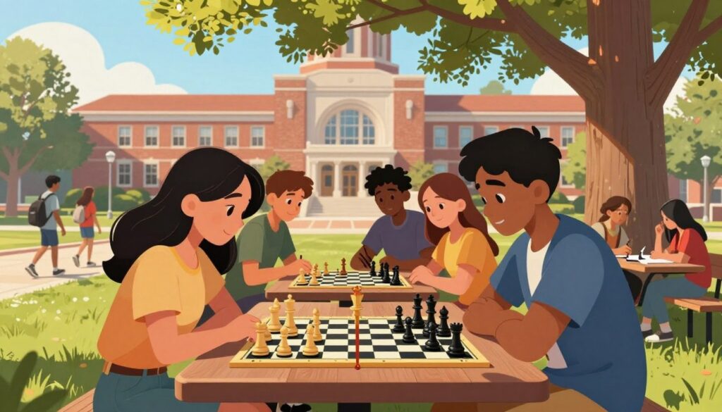 A bright and inspiring college campus scene featuring a diverse group of students engaged in a lively game of chess at a picnic table under a large tree. In the foreground, focus on a young woman and a young man, both dressed in smart casual attire, deep in concentration over a chessboard. The middle ground displays a few other students observing the game, one taking notes while another discusses strategies. The background shows the iconic architecture of a university building, bathed in warm afternoon sunlight, with students walking leisurely. The atmosphere is vibrant and hopeful, symbolizing academic success through chess. Include subtle branding for "Chess Classes USA" within the chessboard design in a non-intrusive way. The overall composition should evoke a sense of opportunity and collaboration, capturing the essence of chess as a pathway to academic achievement.