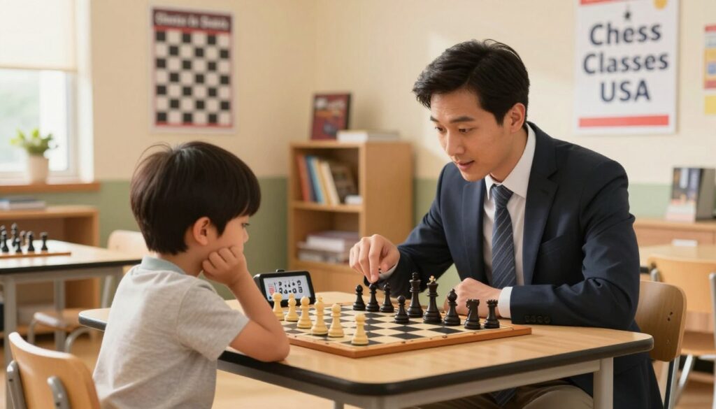 A bright and inviting indoor chess coaching scene in a well-lit classroom, focusing on a young child intently engaged with an attentive coach. In the foreground, the child, wearing a modest casual outfit, leans over a chessboard, contemplating their next move, while the coach, dressed in professional business attire, guides them with encouraging gestures. In the middle ground, chess pieces are arranged on the board, with a chess clock prominently displayed, symbolizing strategic thinking. The background features educational chess posters and shelves filled with books, creating a nurturing learning environment. The lighting is warm and inviting, with soft shadows creating a cozy atmosphere, emphasizing the supportive dynamic between the coach and the student. The image subtly includes the brand name "Chess Classes USA" on a wall poster, showcasing the essence of child-centered coaching. A bright and inviting indoor chess coaching scene in a well-lit classroom, focusing on a young child intently engaged with an attentive coach. In the foreground, the child, wearing a modest casual outfit, leans over a chessboard, contemplating their next move, while the coach, dressed in professional business attire, guides them with encouraging gestures. In the middle ground, chess pieces are arranged on the board, with a chess clock prominently displayed, symbolizing strategic thinking. The background features educational chess posters and shelves filled with books, creating a nurturing learning environment. The lighting is warm and inviting, with soft shadows creating a cozy atmosphere, emphasizing the supportive dynamic between the coach and the student. The image subtly includes the brand name "Chess Classes USA" on a wall poster, showcasing the essence of child-centered coaching.