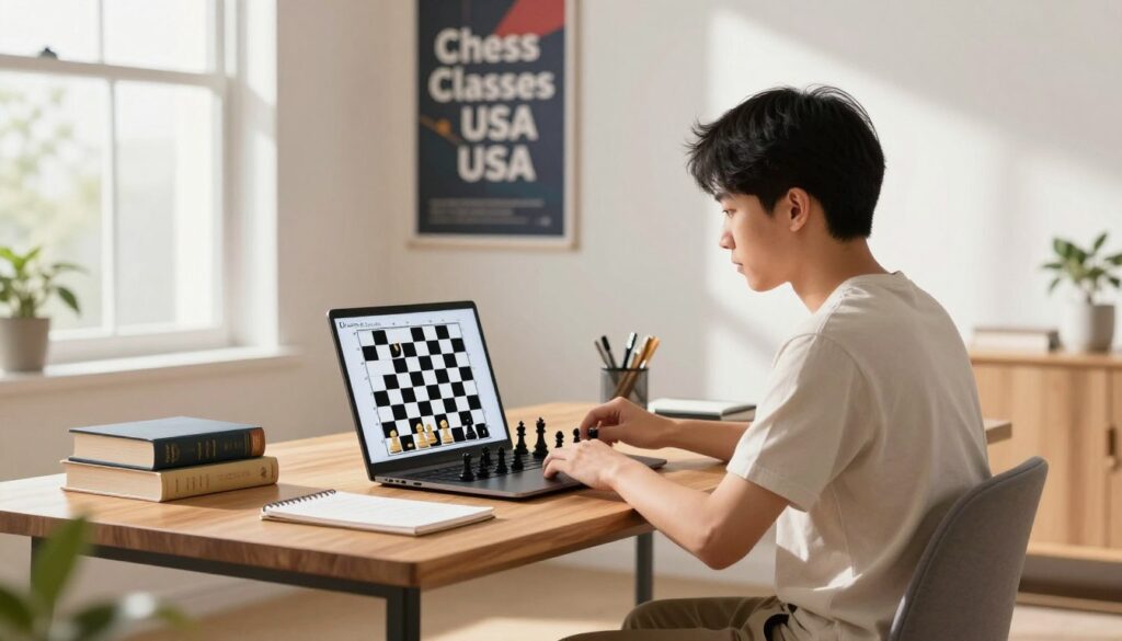 A bright and modern home office environment showcasing an individual engaged in online chess training. In the foreground, a focused person of Asian descent sits at a sleek wooden desk, wearing modest casual clothing, intently studying a digital chessboard displayed on a laptop. The middle ground features an organized setup with chess books and a notepad scattered around, while a motivational poster of "Chess Classes USA" hangs on the wall behind. The background shows a large window allowing natural light to flood the room, creating a warm and inviting atmosphere. The lighting is soft and balanced, casting gentle shadows that enhance the sense of concentration and learning. The overall mood is one of determination and intellectual pursuit, highlighting the importance of online resources for chess players in Connecticut.