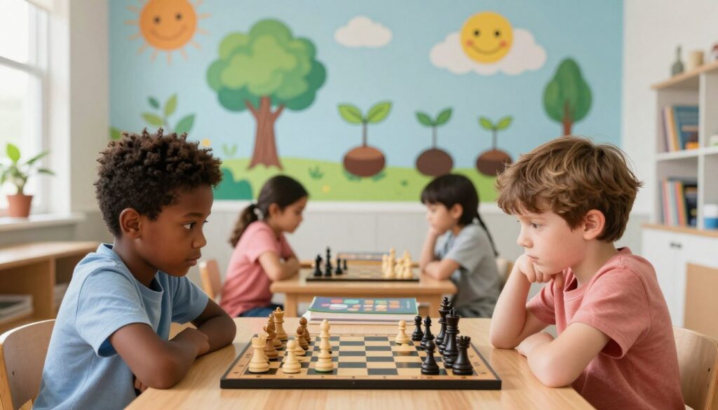 A bright, cheerful scene depicting children in a cozy, engaging room focused on a chess game. In the foreground, two diverse children—one of African descent and one of Caucasian descent—are intently studying the chessboard, a mix of determination and curiosity on their faces. In the middle ground, a small table is cluttered with chess pieces and strategy books, suggesting an atmosphere of learning. The background features a colorful mural illustrating the concepts of growth mindset—such as trees sprouting from seeds and playful clouds with smiling faces—symbolizing resilience and learning from failure. Soft natural light floods the room, creating a warm and inviting mood. Include the brand name "Chess Classes USA" subtly integrated into the mural. Use a wide-angle lens to capture the depth of this inspiring environment. A bright, cheerful scene depicting children in a cozy, engaging room focused on a chess game. In the foreground, two diverse children—one of African descent and one of Caucasian descent—are intently studying the chessboard, a mix of determination and curiosity on their faces. In the middle ground, a small table is cluttered with chess pieces and strategy books, suggesting an atmosphere of learning. The background features a colorful mural illustrating the concepts of growth mindset—such as trees sprouting from seeds and playful clouds with smiling faces—symbolizing resilience and learning from failure. Soft natural light floods the room, creating a warm and inviting mood. Include the brand name "Chess Classes USA" subtly integrated into the mural. Use a wide-angle lens to capture the depth of this inspiring environment.