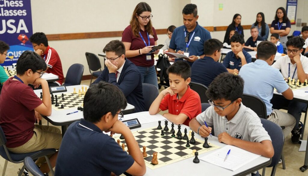 A bright, dynamic youth chess competition scene taking place in a bustling playing hall. In the foreground, diverse young competitors, dressed in casual yet tidy outfits representing various backgrounds, are intensely focused on their chessboards. They are seated at individual tables, with chess pieces in the midst of strategic moves. The middle ground showcases parents and coaches engaged in supportive discussions, some holding essential gear like chess clocks, score sheets, and pens. The background reveals a lively atmosphere with banners displaying "Chess Classes USA," and spectators watching intently. The lighting is bright and inviting, evoking an atmosphere of excitement and concentration. The angle captures the energy of the competition, emphasizing the importance of preparation and community in youth chess.