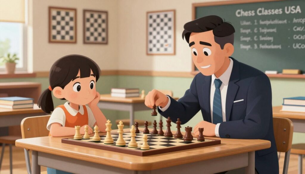 A bright, inviting chess classroom setting, with the foreground featuring a professional-looking chess coach and an eager child seated at a wooden chess table, deep in thought over a board filled with pieces. The coach, dressed in smart business casual attire, gestures towards the board, using a chess piece to illustrate a move. In the middle ground, various chess books and instructional materials are scattered, hinting at resources for learning. The background shows a wall adorned with framed chess championships and a chalkboard filled with chess strategies. Soft, natural lighting illuminates the scene, creating a warm atmosphere that encourages learning. The logo “Chess Classes USA” is tastefully integrated into the visual. The mood is one of focus, guidance, and a positive learning experience.