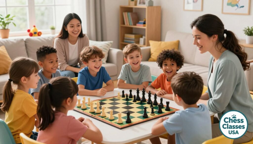 A bright, inviting living room setting showcases a diverse group of children aged 6 to 12 gathered around a large chessboard, engaged in an interactive chess training session led by a friendly instructor in smart-casual attire. In the foreground, a colorful chessboard is filled with various pieces in dynamic positions, while excited expressions of the young players convey a sense of joy and concentration. The middle of the scene includes parents observing with encouraging smiles, reflecting a supportive atmosphere. The background features cozy furniture, toys, and light streaming through a window, creating a warm and welcoming ambiance. Soft lighting enhances the uplifting mood, with an emphasis on teamwork and learning. A subtle logo for "Chess Classes USA" is placed in the corner, blending seamlessly with the environment.