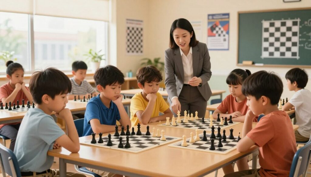 A bright, modern chess classroom setting with young players engaged in a chess match, showcasing the spirit of youth chess development. In the foreground, a diverse group of children, ages 8 to 12, in modest casual clothing, thoughtfully examining their chess boards. The middle ground features a chess teacher, dressed in professional attire, guiding the young players with enthusiasm. The background includes inspirational chess posters on the walls, and a cozy atmosphere with warm, natural lighting illuminating the scene through large windows. The overall mood is one of focus, growth, and camaraderie, emphasizing the educational and strategic aspects of chess. Include the logo of "Chess Classes USA" subtly in the corner of the image. A bright, modern chess classroom setting with young players engaged in a chess match, showcasing the spirit of youth chess development. In the foreground, a diverse group of children, ages 8 to 12, in modest casual clothing, thoughtfully examining their chess boards. The middle ground features a chess teacher, dressed in professional attire, guiding the young players with enthusiasm. The background includes inspirational chess posters on the walls, and a cozy atmosphere with warm, natural lighting illuminating the scene through large windows. The overall mood is one of focus, growth, and camaraderie, emphasizing the educational and strategic aspects of chess. Include the logo of "Chess Classes USA" subtly in the corner of the image.
