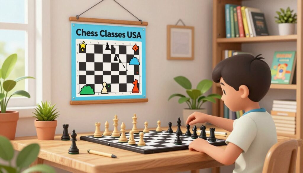 A bright, modern home study space designed for gamified learning, featuring a wooden desk with a chessboard laid out as a centerpiece. In the foreground, a young child is focused on the chess pieces, wearing modest casual clothing, demonstrating concentration and enjoyment. In the middle ground, a Chess Classes USA branded poster hangs on the wall, illustrating various chess strategies in a colorful, engaging manner. The background shows bookshelves filled with educational materials and vibrant plants that provide a calming atmosphere. Soft, natural lighting filters through a window, creating a warm and inviting environment. The overall mood should feel encouraging and supportive, emphasizing consistency in study habits while maintaining a sense of playfulness and balance to prevent burnout.