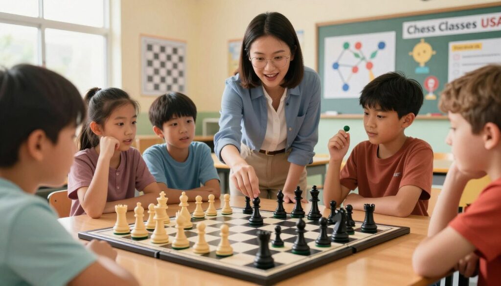 A brightly lit classroom scene where a passionate instructor, dressed in smart casual attire, guides a group of enthusiastic children, aged 8-12, around a large chessboard. In the foreground, a close-up of the instructor's hands is seen demonstrating a chess move with a black knight piece, emphasizing careful guidance. The children appear eager and engaged, with a few holding chess pieces, showcasing expressions of concentration and curiosity. In the middle, the chessboard is set up with colorful pieces, while chess strategy diagrams and illustrations can be faintly seen on the classroom walls in the background. The overall mood is energetic and educational, highlighting the joy of learning chess. The setting includes a banner that reads "Chess Classes USA," subtly placed in the background. The image is illuminated with warm, natural light, creating an inviting atmosphere.