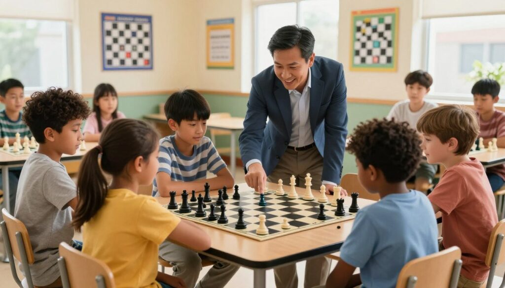 A brightly lit, welcoming classroom filled with children eagerly engaged in a chess lesson. In the foreground, a diverse group of children, aged 8-12, sit around a large chessboard, focusing intently on their pieces. The children are dressed in modest casual clothing, showcasing a mix of excitement and concentration. The middle ground features a friendly, professional chess coach, dressed in smart casual attire, guiding the children, pointing at strategic moves on the board. The background reveals colorful educational posters about chess strategies on the walls, with soft natural light streaming through large windows. The overall atmosphere is encouraging and inspiring, illustrating the benefits of professional chess instruction. Include the branding "Chess Classes USA" subtly in the image without text overlay.