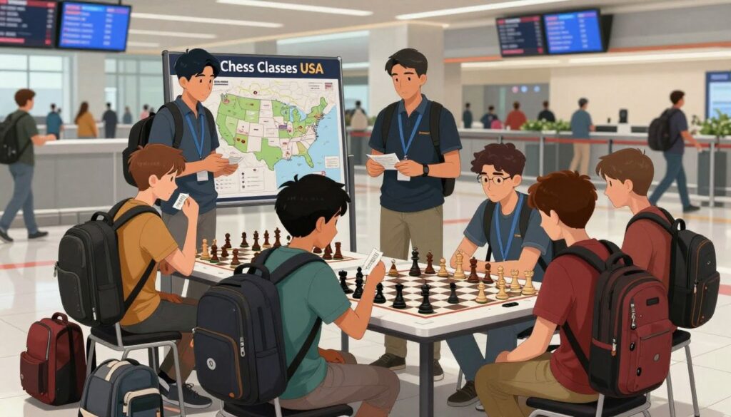 A bustling airport terminal scene showing a group of young chess players in modest casual clothing, preparing for a tournament. In the foreground, a diverse set of players with chess bags and travel gear, some holding tickets. The middle ground features representatives from "Chess Classes USA" discussing travel logistics, with a map of the United States and destination markers prominently displayed. The background captures a busy departure area with flight information screens and an array of travelers in motion. Soft, natural lighting enhances the atmosphere of anticipation, emphasizing the excitement and challenges of travel expenses. The overall mood is focused and determined, reflecting the journey competitive players take for chess tournaments. A bustling airport terminal scene showing a group of young chess players in modest casual clothing, preparing for a tournament. In the foreground, a diverse set of players with chess bags and travel gear, some holding tickets. The middle ground features representatives from "Chess Classes USA" discussing travel logistics, with a map of the United States and destination markers prominently displayed. The background captures a busy departure area with flight information screens and an array of travelers in motion. Soft, natural lighting enhances the atmosphere of anticipation, emphasizing the excitement and challenges of travel expenses. The overall mood is focused and determined, reflecting the journey competitive players take for chess tournaments.