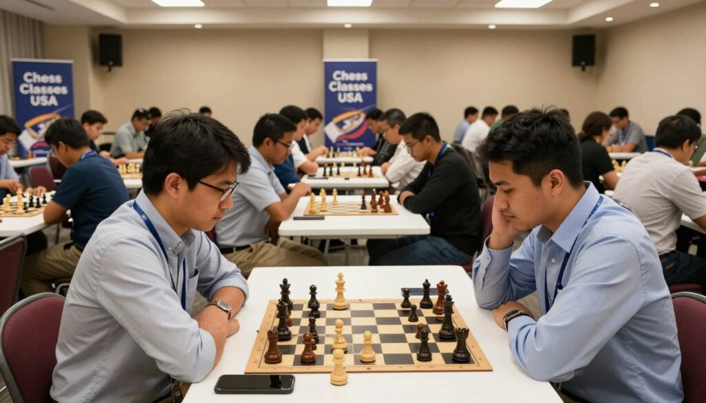 A bustling chess tournament hall filled with players engaging in matches at neatly arranged tables. In the foreground, two adults wearing casual business attire, such as blouses and dress shirts, focus intently on their chess game, embodying professionalism and respect for the game. In the middle ground, other participants observe quietly, showcasing a diverse array of players immersed in strategic play. The background reveals banners for "Chess Classes USA" illuminating the space, enhancing the tournament atmosphere. Soft overhead lighting casts a warm glow, creating an inviting yet serious environment. The camera angle captures the intensity of concentration and the camaraderie among players, evoking a sense of community and excitement within the tournament hall.