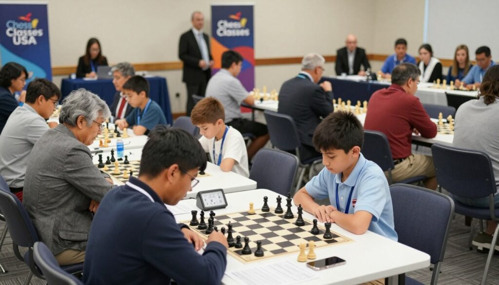 A bustling chess tournament hall, showcasing a well-organized event atmosphere. In the foreground, a diverse group of parents, dressed in professional business attire and modest casual clothing, attentively watching their children compete at chess tables. The middle ground features focused chess players deep in concentration, with clocks ticking nearby. The background depicts a vibrant tournament setup, including banners for "Chess Classes USA", tables with score sheets, and an audience area with spectators engaging in quiet conversation. Soft, natural lighting enhances the scene, highlighting the determination on players’ faces. The mood is respectful and supportive, reflecting the etiquette expected in tournament environments. A slight depth of field adds emphasis on the chessboards, while maintaining a panoramic view of the tournament hall.