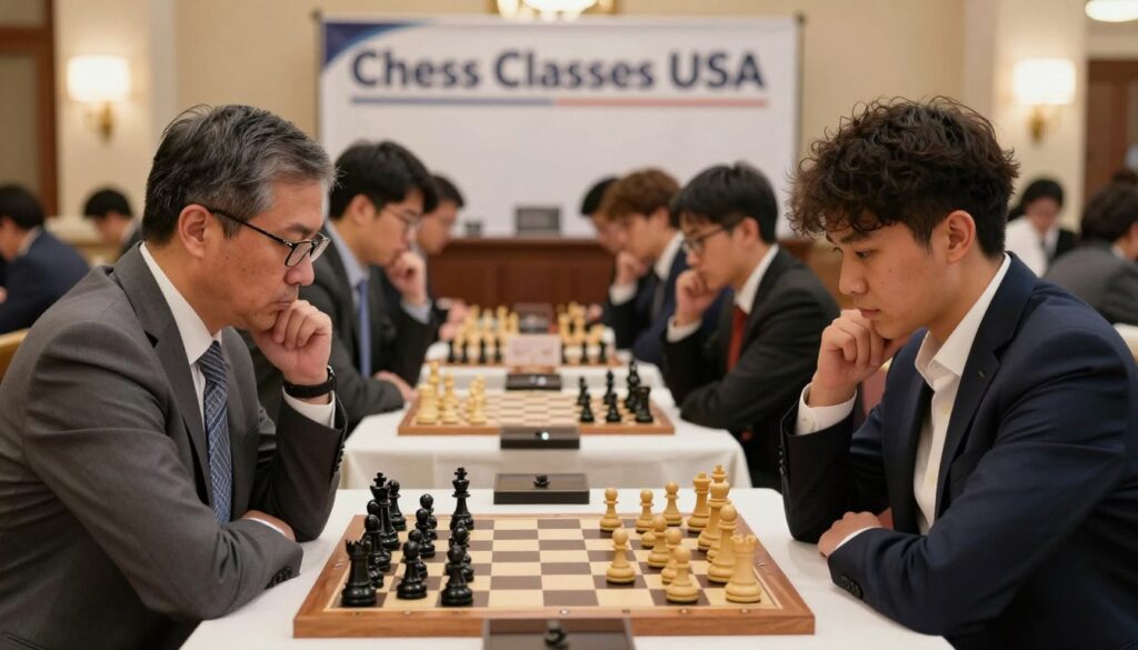 A bustling chess tournament in an elegant indoor venue, showcasing intense competition. In the foreground, two focused players in professional business attire, one a middle-aged man with glasses, the other a young woman with stylish short hair, intensely contemplating their next moves on a wooden chess board. The middle ground features several additional games in progress, with spectators observing eagerly, colorful chess pieces gleaming under the soft, warm lighting. In the background, a large banner reading "Chess Classes USA" is displayed prominently, adding a sense of community and professionalism. The atmosphere is tense yet engaging, capturing the spirit of competitive chess, with a shallow depth of field emphasizing the players' concentration, and a slight upward angle portraying the excitement in the room.