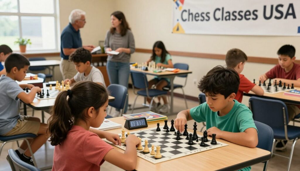 A bustling chess tournament preparation scene at a warmly lit community center, featuring diverse children in modest casual clothing intently engaged in setting up their chess boards. In the foreground, a young girl adjusts a chess clock while a boy organizes pieces, embodying a mix of competitive spirit and playful cooperation. The middle ground shows a table filled with chess strategy books, snacks, and a banner that reads "Chess Classes USA" prominently displayed. In the background, parents and coaches converse, discussing tactics and goals, creating a supportive atmosphere. Soft, natural lighting filters through the windows, casting a welcoming glow, while the camera angle captures the excitement and focus of the participants, emphasizing the balance between competition and recreation.