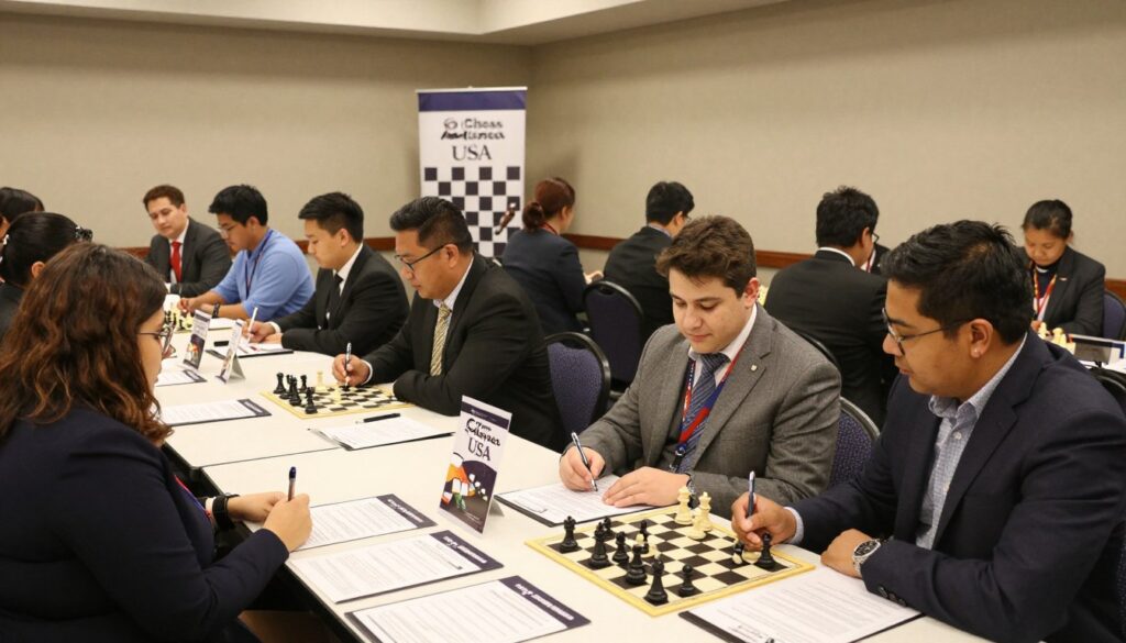 A bustling chess tournament registration desk set in a well-lit conference room. In the foreground, a neatly organized table displays registration forms, pens, and informational brochures featuring "Chess Classes USA" prominently. In the middle ground, a mix of diverse participants, dressed in professional business attire and modest casual clothing, eagerly discuss and fill out forms. In the background, a banner hangs with a chess-themed design, giving a sense of excitement and anticipation. Soft, warm lighting highlights the engaged expressions of the attendees. The atmosphere is friendly and professional, capturing the essence of a community gathering centered around chess. A wide-angle view emphasizes the room's spaciousness, inviting viewers into the scene without any distractions.