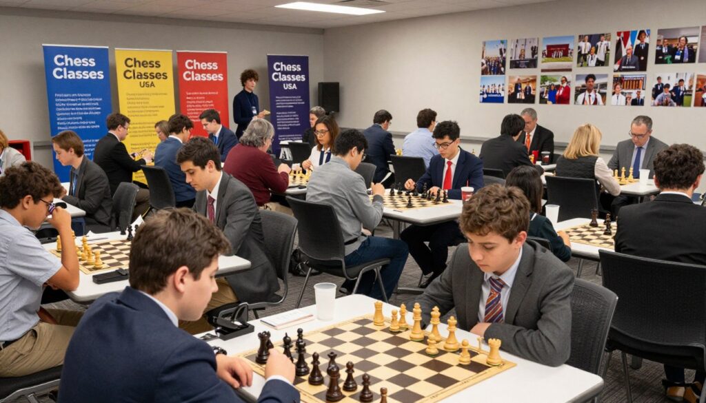 A bustling chess tournament scene in a modern hall, with elegantly arranged chess boards in the foreground. Diverse players of various ages, including children and adults, are intensely focused on their games, wearing professional business attire. In the middle ground, spectators are engaged in discussions, analyzing moves, and enjoying refreshments. The background showcases vibrant banners of "Chess Classes USA" and photos of previous tournaments on the walls, creating an energetic atmosphere. Soft overhead lighting highlights the strategic intensity of the games, casting gentle shadows across the tables. Captured from a slightly elevated angle to encompass both players and spectators, the mood is competitive yet friendly, emphasizing the camaraderie of chess culture in Massachusetts.