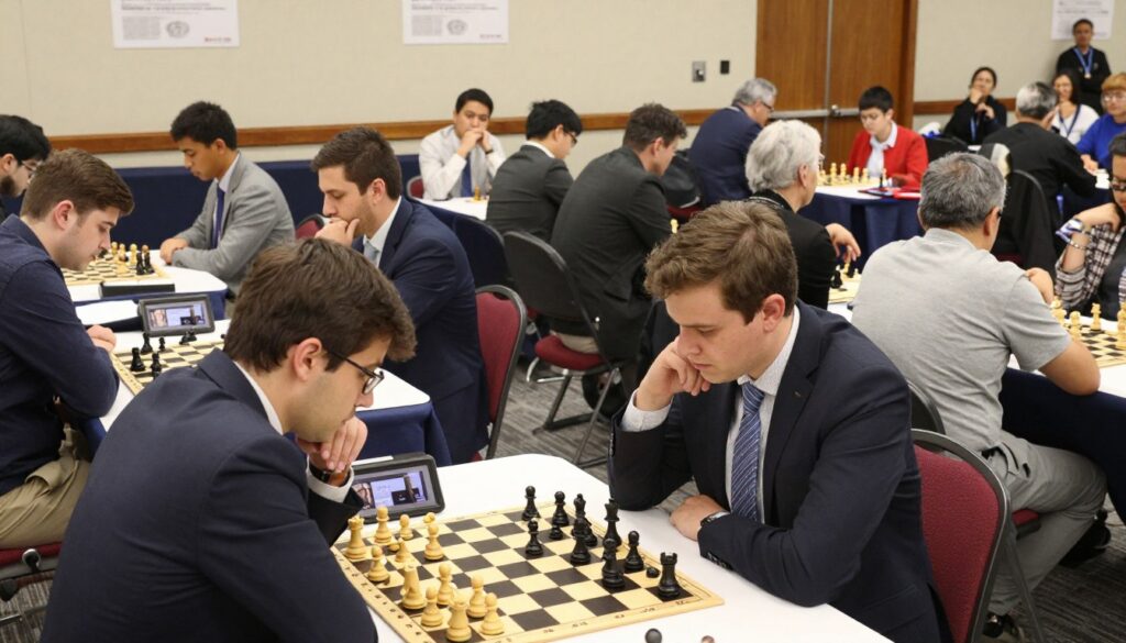 A bustling chess tournament scene in a spacious hall, where diverse chess players of varying ages and backgrounds are actively engaged in intense matches. In the foreground, a focused player, dressed in professional business attire, studies a chessboard, deliberating over a strategic move. The middle ground features additional players, some in casual yet respectable clothing, deep in concentration, while others chat and analyze games, capturing the social aspect of the tournament. The background displays chess clocks and tournament boards arranged neatly, with spectators observing eagerly. The lighting is bright and clear, illuminating the players' faces, creating an atmosphere of anticipation and excitement. A subtle logo of "Chess Classes USA" is integrated into the scene, enhancing the professional tone without detracting from the overall composition.