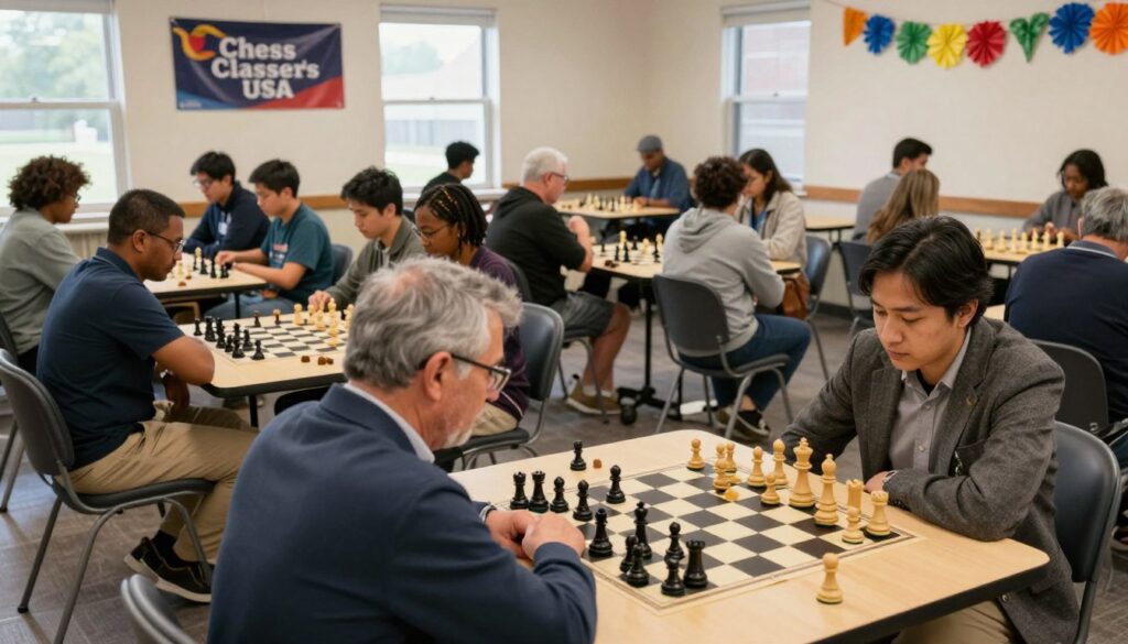 A bustling chess tournament scene inside a well-lit community center in Connecticut. In the foreground, a diverse group of players, men and women of various ages, are intensely focused on their chess boards, dressed in smart casual or professional attire, showcasing their concentration. In the middle, rows of chess tables are filled with participants engaged in serious matches, with chess pieces arranged thoughtfully on their boards. The background reveals banners for “Chess Classes USA” and colorful decorations, giving a vibrant feel to the event. Soft natural lighting filters through large windows, adding warmth to the atmosphere. The overall mood is competitive yet friendly, capturing the essence of community engagement in New England chess events.