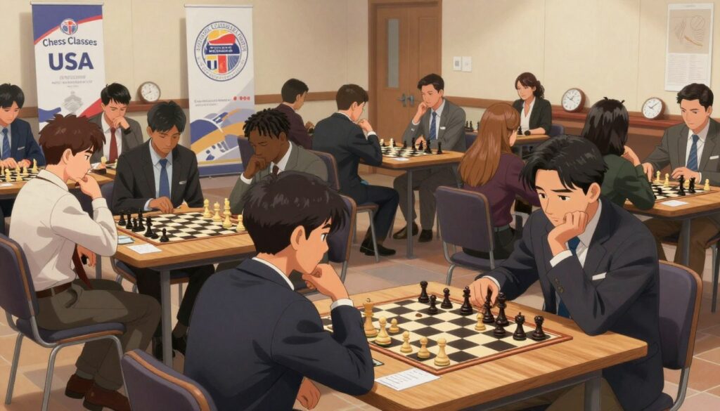 A bustling chess tournament scene set in a spacious, well-lit hall. In the foreground, several pairs of players, both men and women of diverse ethnicities, sit intently at wooden chess tables, deep in thought and analysis, dressed in professional business attire. In the middle ground, spectators lean in, observing the intense matches with keen interest, some holding score sheets. Background elements include banners displaying the logo "Chess Classes USA" and tables with clocks and chess pieces, adding to the competitive atmosphere. Soft, warm lighting casts gentle shadows, creating an inviting yet focused ambiance. The composition conveys a sense of community and the seriousness of competition, highlighting the journey of tracking progress through official tournaments. A bustling chess tournament scene set in a spacious, well-lit hall. In the foreground, several pairs of players, both men and women of diverse ethnicities, sit intently at wooden chess tables, deep in thought and analysis, dressed in professional business attire. In the middle ground, spectators lean in, observing the intense matches with keen interest, some holding score sheets. Background elements include banners displaying the logo "Chess Classes USA" and tables with clocks and chess pieces, adding to the competitive atmosphere. Soft, warm lighting casts gentle shadows, creating an inviting yet focused ambiance. The composition conveys a sense of community and the seriousness of competition, highlighting the journey of tracking progress through official tournaments.