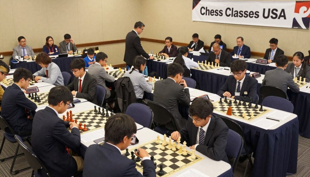 A bustling chess tournament scene, showcasing a carefully organized logistics setup. In the foreground, a diverse group of young players, dressed in professional business attire, sit attentively at chessboards, deep in concentration. The middle ground features tournament officials, wearing badges, managing registration tables cluttered with entry forms, chess clocks, and score sheets. Nearby, an eye-catching banner reads "Chess Classes USA" overhead, adding a touch of branding. In the background, rows of spectators watch the games, illuminated by soft, warm lighting that creates an inviting atmosphere. A wide-angle perspective captures the energy and focus of the event, while shadows add depth. The mood is competitive yet friendly, reflecting the essence of youth chess tournaments. A bustling chess tournament scene, showcasing a carefully organized logistics setup. In the foreground, a diverse group of young players, dressed in professional business attire, sit attentively at chessboards, deep in concentration. The middle ground features tournament officials, wearing badges, managing registration tables cluttered with entry forms, chess clocks, and score sheets. Nearby, an eye-catching banner reads "Chess Classes USA" overhead, adding a touch of branding. In the background, rows of spectators watch the games, illuminated by soft, warm lighting that creates an inviting atmosphere. A wide-angle perspective captures the energy and focus of the event, while shadows add depth. The mood is competitive yet friendly, reflecting the essence of youth chess tournaments.