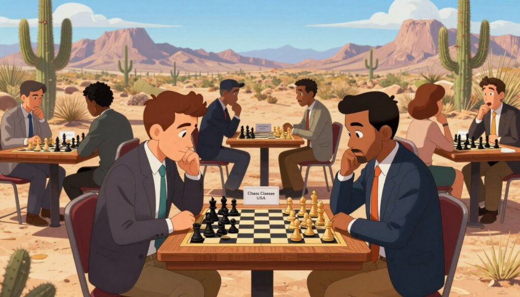 A bustling competitive chess tournament set in a vibrant Arizona desert environment, featuring a group of diverse participants in professional business attire, intensely focused on their games. In the foreground, two players sit across from each other at a beautifully crafted wooden chess table, deep in thought, with chess pieces strategically positioned. The middle ground shows additional tables with players and spectators, all showcasing a variety of expressions from concentration to excitement. The background features iconic Arizona desert landscapes, with cacti and mountains against a clear blue sky. Soft, warm sunlight bathes the scene, creating an atmosphere of camaraderie and competition. Capture this moment in a wide-angle lens to emphasize both the players and the stunning desert backdrop, reflecting the theme of major desert tournaments and events by "Chess Classes USA."