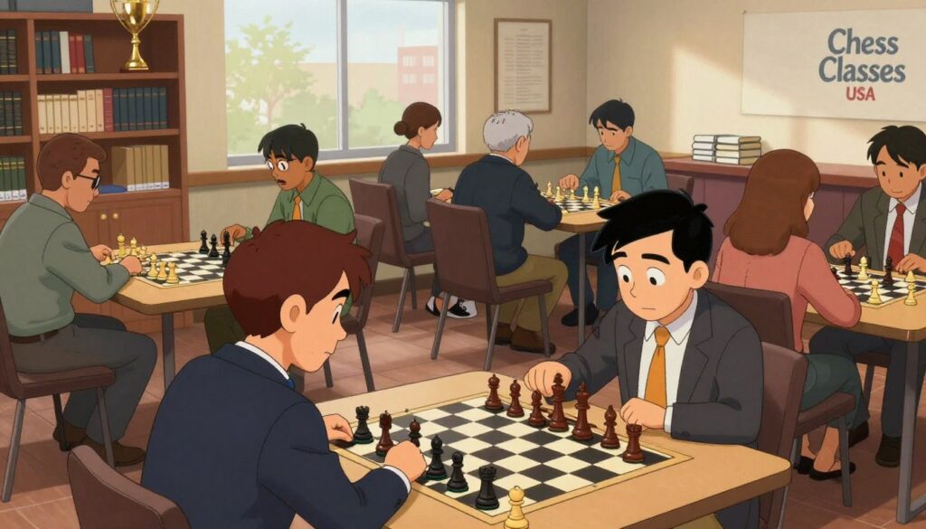 A busy Denver chess club interior, showcasing a diverse group of players deeply focused on their games. In the foreground, an intense match between two players in professional business attire, with chess pieces mid-move. The middle ground features several tables with other players, including a mix of ages and backgrounds, all absorbed in strategizing and discussing tactics. The background reveals shelves filled with chess books and trophies, while large windows let in warm, natural light, creating an inviting atmosphere. The scene conveys a sense of community and friendly competition, capturing the essence of chess culture in Denver. Include the logo of "Chess Classes USA" subtly in the background. The angle is slightly elevated, offering a comprehensive view of the club.