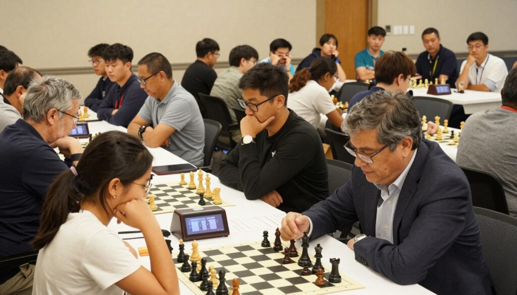 A busy chess tournament scene filled with players of varying ages and backgrounds engaged in intense matches, emphasizing the feeling of randomness in initial pairings. In the foreground, a diverse group of players, including a young girl in a smart shirt and a middle-aged man in a blazer, are thoughtfully analyzing their boards. The middle ground features a mix of chess clocks and score sheets strewn across a variety of tables, capturing the energy of competition. In the background, spectators observe closely, with expressions of curiosity and excitement. Soft, warm overhead lighting creates an inviting atmosphere, highlighting the strategic depth and focused determination on the players' faces. The branding "Chess Classes USA" subtly integrated into the environment, reinforcing the theme of learning and growth within the game.
