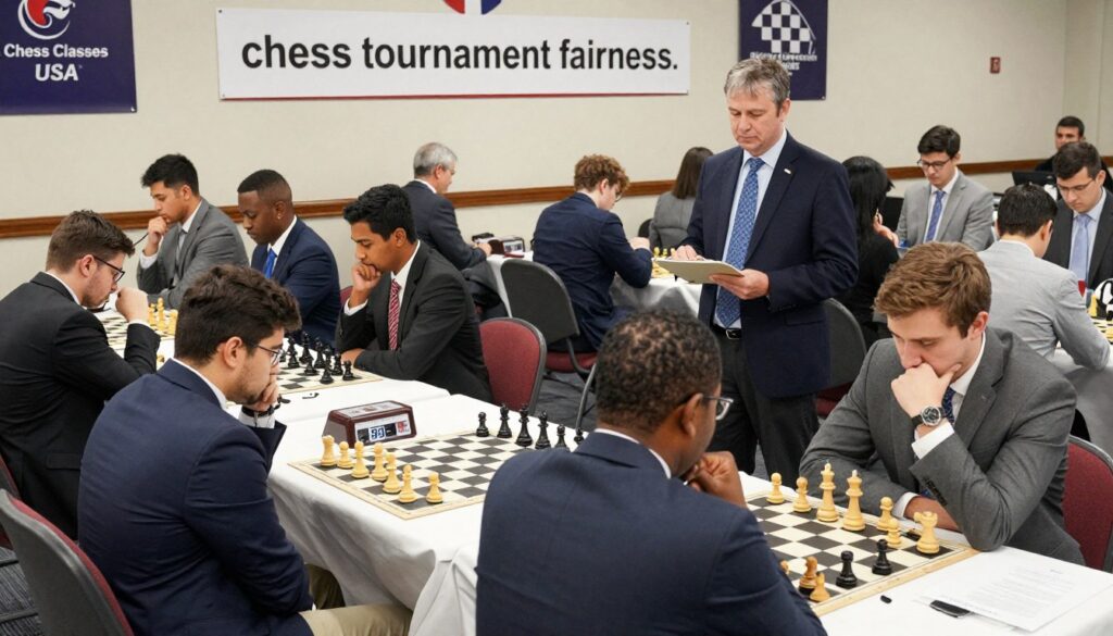 A busy chess tournament scene illustrating "chess tournament fairness." In the foreground, diverse players of various backgrounds, dressed in professional business attire, are intently focused on their chess boards, showcasing strategic moves and thoughtful expressions. In the middle ground, a tournament director stands with a clipboard, observing the pairings and ensuring fairness among unrated players, exuding a calm, authoritative demeanor. The background features rows of chess clocks ticking away, a wall adorned with chess tournament banners, including "Chess Classes USA," and spectators engaged in discussions about strategies. The lighting is bright and even, creating an energetic yet serious atmosphere. Use a wide-angle lens to capture the dynamic environment, emphasizing the importance of fairness in this competitive setting.