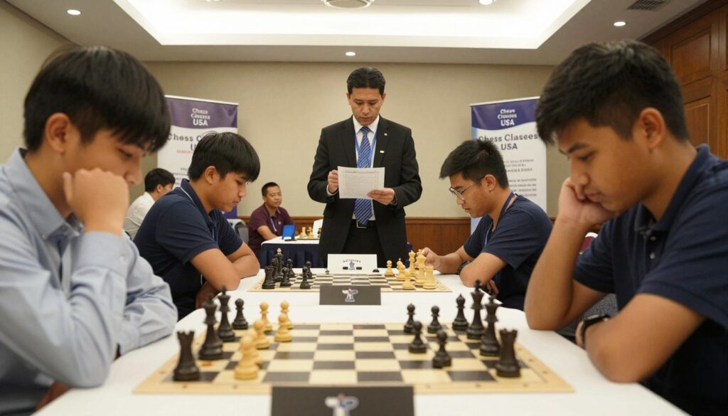 A busy chess tournament scene in a large conference room, featuring several chess boards in the foreground with players deeply focused on their matches. In the middle, a tournament director, wearing professional business attire, is reviewing player scores and processing tournament paperwork. Bright overhead lighting enhances the atmosphere of concentration, while a few spectators in the background are watching intently. The walls are adorned with banners promoting "Chess Classes USA," adding a sense of prestige. The room has a warm yet focused mood, showcasing the dedication of both players and organizers in the competitive environment of chess. The shot is taken from a low angle to emphasize the chess boards and the intensity of the moment, with a subtle depth of field blurring the background slightly.
