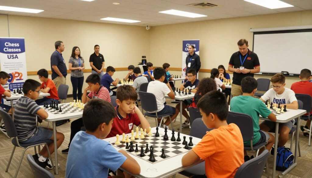A busy youth chess tournament scene set in a spacious, well-lit hall with bright overhead lights. In the foreground, focused children of diverse backgrounds, aged around 8 to 12 years, are intensely competing at individual chess tables, their expressions concentrated yet calm. They are dressed in modest casual clothing, showcasing their passion for the game. The middle ground features supportive parents and coaches observing and cheering, embodying a positive atmosphere. In the background, banners displaying "Chess Classes USA" hang on the walls, and chess boards are scattered throughout the venue. The lighting is warm and inviting, creating a lively yet encouraging ambiance. The angle captures the excitement of the tournament while promoting a sense of healthy competition.