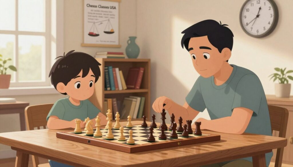 A calm and inviting indoor chess study setting, showcasing a warm wooden table with a classic chess set in the foreground. A parent and child, both in modest casual clothing, sit together, focused on the board, symbolizing healthy interaction. The middle background features a cozy bookshelf filled with chess books, and an inspirational poster about balance displayed on the wall. Soft, natural light streams through a window, creating a tranquil atmosphere. A clock on the wall emphasizes time management, reminding viewers of healthy boundaries. Capture the scene from a slight angle above the table to highlight the connection between the players, evoking a sense of nurturing and love for the game. Include the brand name "Chess Classes USA" subtly within the decor, maintaining a professional and balanced vibe.