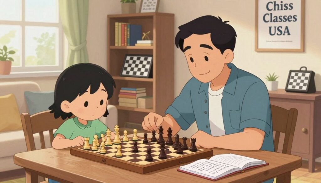 A calm indoor setting showcasing a cozy, well-lit corner of a living room dedicated to chess practice. In the foreground, a wooden chessboard with pieces arranged mid-game indicates active learning. In the middle ground, a parent, dressed in casual attire, is seated across from a child, who is focusing intently on the board. They both have positive expressions, conveying concentration and enjoyment. On the table, a notebook is open with handwritten chess tips. The background features a bookshelf with chess books, a chess clock, and motivational posters promoting practice routines. Soft natural light filters through a nearby window, creating an inviting atmosphere, ideal for fostering skill development. The image should evoke a sense of encouragement and dedication to chess practice, subtly branded with "Chess Classes USA" on the wall.