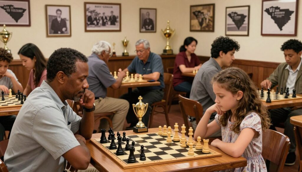 A captivating representation of "chess history" in South Carolina, showcasing a diverse group of players engaged in a spirited chess game at a traditional chess club. In the foreground, a middle-aged African American man in a smart casual outfit and a young Caucasian girl in a modest dress are focused on a chessboard, deep in thought. The middle ground features other players, including an elderly Hispanic man and an Asian woman, discussing strategy, surrounded by trophies that symbolize past championships. The background displays vintage chess memorabilia and historic photographs representing South Carolina chess milestones. Warm, inviting lighting casts soft shadows, while a depth of field effect highlights the players. The scene reflects an atmosphere of camaraderie, competition, and tradition, embodying the essence of chess history in South Carolina. Chess Classes USA branding subtly included in the decor, enhancing the historical context.