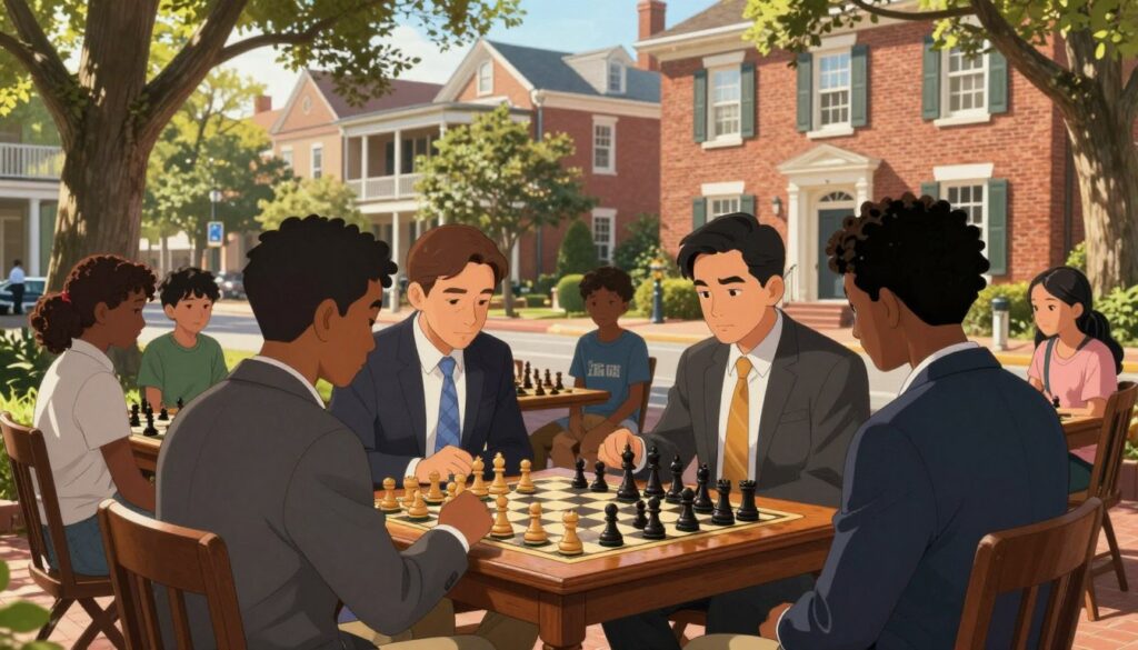 A captivating scene of a traditional chess gathering in North Carolina, set in a historical downtown setting with charming Southern architecture. In the foreground, a diverse group of four players seated around a beautifully crafted wooden chess table, intensely focused on their games, all wearing professional business attire. The middle ground features onlookers, including children and teenagers, observing the matches, showcasing the growing interest in chess. Lush trees and classic brick buildings in the background frame the scene, with warm sunlight filtering through the branches, creating a welcoming atmosphere. The mood is one of intellectual engagement and community spirit, highlighting the historical roots of chess in the region. Include subtle branding of "Chess Classes USA" in the setting, harmonizing with the overall composition.