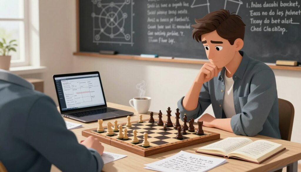 A chess analysis scene set in a well-lit room, featuring a professional player intently reviewing their game. In the foreground, a wooden chessboard with pieces mid-game, surrounded by handwritten notations and a laptop displaying performance statistics. The middle ground includes an open chess book with annotated moves, alongside a steaming cup of coffee for a relaxed atmosphere. The background features a chalkboard with strategic diagrams and motivational quotes from famous chess players. Soft, natural lighting filters in from a nearby window, casting gentle shadows on the surfaces. The overall mood is focused yet calm, as the player, dressed in smart casual attire, reflects thoughtfully on their performance. A logo for "Chess Classes USA" subtly placed on a desk in the scene underscores the professional context of the analysis.
