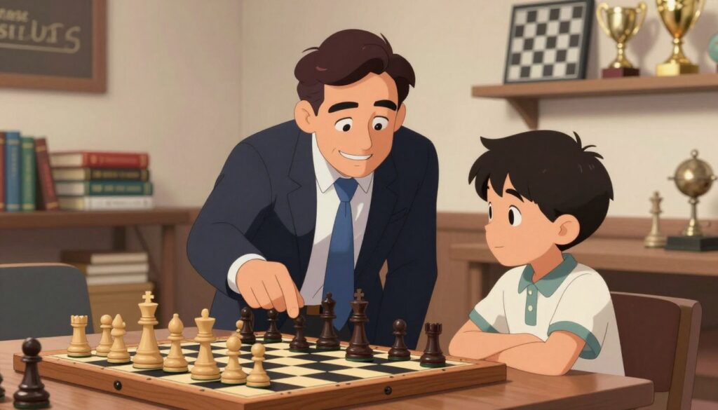 A chess coach, dressed in professional attire, leans over the game board with a warm, encouraging smile, guiding a child in a casual yet tidy outfit. The foreground features a beautifully arranged chessboard, focusing on a mid-game position, with pieces highlighted by soft lighting that suggests a focused atmosphere. In the middle, the coach and child are framed by a cozy, well-lit room filled with chess-themed decorations, creating an inviting ambiance for learning. In the background, shelves are stacked with chess books and trophies, signifying achievements and education. The scene captures a nurturing mentor-student relationship, reflecting the joy and concentration of the learning experience at Chess Classes USA. The overall mood is inspiring and supportive, encouraging the pursuit of knowledge through chess. A chess coach, dressed in professional attire, leans over the game board with a warm, encouraging smile, guiding a child in a casual yet tidy outfit. The foreground features a beautifully arranged chessboard, focusing on a mid-game position, with pieces highlighted by soft lighting that suggests a focused atmosphere. In the middle, the coach and child are framed by a cozy, well-lit room filled with chess-themed decorations, creating an inviting ambiance for learning. In the background, shelves are stacked with chess books and trophies, signifying achievements and education. The scene captures a nurturing mentor-student relationship, reflecting the joy and concentration of the learning experience at Chess Classes USA. The overall mood is inspiring and supportive, encouraging the pursuit of knowledge through chess.