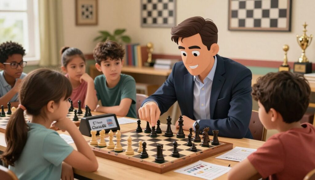 A chess coach, dressed in smart casual attire, intensely instructs a diverse group of young learners around a wooden chessboard. In the foreground, the coach demonstrates a tactical move, his hands emphasizing the pieces while the students lean in, focused and eager to learn. The middle ground features an engaging atmosphere, with chess clocks and strategy notes scattered. In the background, a cozy, well-lit room filled with chess decorations, books, and trophies reflects the vibrant culture of chess coaching. Soft, warm lighting illuminates the scene, creating a nurturing environment. The overall mood is one of inspiration and growth, as knowledge and passion for chess comes alive. Include the logo of "Chess Classes USA" subtly integrated into the room decor.