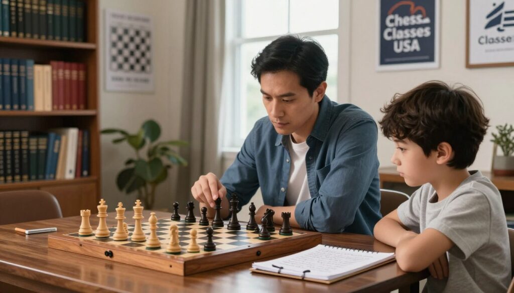 A chess game analysis scene in a cozy, well-lit study room. In the foreground, a wooden chessboard is positioned on a polished table, with pieces in mid-game and a detailed notepad showing handwritten notes beside it. In the middle ground, a focused parent, dressed in smart casual attire, studies the board intently, while a child in comfortable clothing observes, both immersed in the analysis. The background features bookshelves filled with chess strategy books and motivational posters about improvement. Soft natural light filters through a window, creating a warm and inviting atmosphere, evoking a sense of learning and collaboration. The overall mood is one of concentration and growth, showcasing the pivotal role of game analysis in chess education. Logo for "Chess Classes USA" subtly integrated into the scene without overshadowing the chess elements.