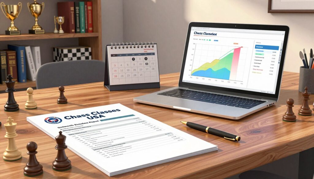 A chess membership status report on a polished wooden desk in a well-lit, modern office setting. In the foreground, a neatly organized chess-related document with the logo "Chess Classes USA" prominently displayed, along with a chess piece and a stylish pen. In the middle ground, there’s a laptop displaying a colorful graph representing tournament history, surrounded by a calendar showing upcoming expiration dates marked clearly. In the background, a bookshelf filled with chess literature and trophies, casting soft shadows. The lighting is warm and inviting, creating a professional and focused atmosphere. The angle is slightly overhead, capturing the layout of the desk and emphasizing the importance of maintaining membership status in the chess community.