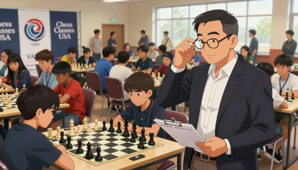 A chess tournament director stands confidently at the front of a crowded chess hall, surrounded by a vibrant atmosphere of excitement. In the foreground, a middle-aged man in a smart, dark blazer and crisp button-up shirt adjusts his glasses as he reviews the tournament schedule on a clipboard. In the middle, young chess players of diverse backgrounds are seated at chess tables, intently focused on their games, with chess pieces neatly arranged. The background showcases banners with the logo "Chess Classes USA", and spectators chatting animatedly. Soft, natural light filters through the hall's large windows, creating an inviting ambiance. The angle captures the director's authoritative presence while reflecting the exhilaration of a competitive chess environment, emphasizing the preparation necessary for young players embarking on their first rated tournament. A chess tournament director stands confidently at the front of a crowded chess hall, surrounded by a vibrant atmosphere of excitement. In the foreground, a middle-aged man in a smart, dark blazer and crisp button-up shirt adjusts his glasses as he reviews the tournament schedule on a clipboard. In the middle, young chess players of diverse backgrounds are seated at chess tables, intently focused on their games, with chess pieces neatly arranged. The background showcases banners with the logo "Chess Classes USA", and spectators chatting animatedly. Soft, natural light filters through the hall's large windows, creating an inviting ambiance. The angle captures the director's authoritative presence while reflecting the exhilaration of a competitive chess environment, emphasizing the preparation necessary for young players embarking on their first rated tournament.